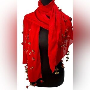 RED SILK SCARF WITH ROSES AND BEADED DETAIL
